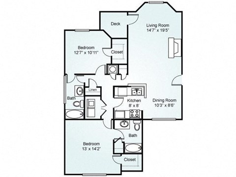 Floor plan for 2 beds, 2 baths, 1149 sqft